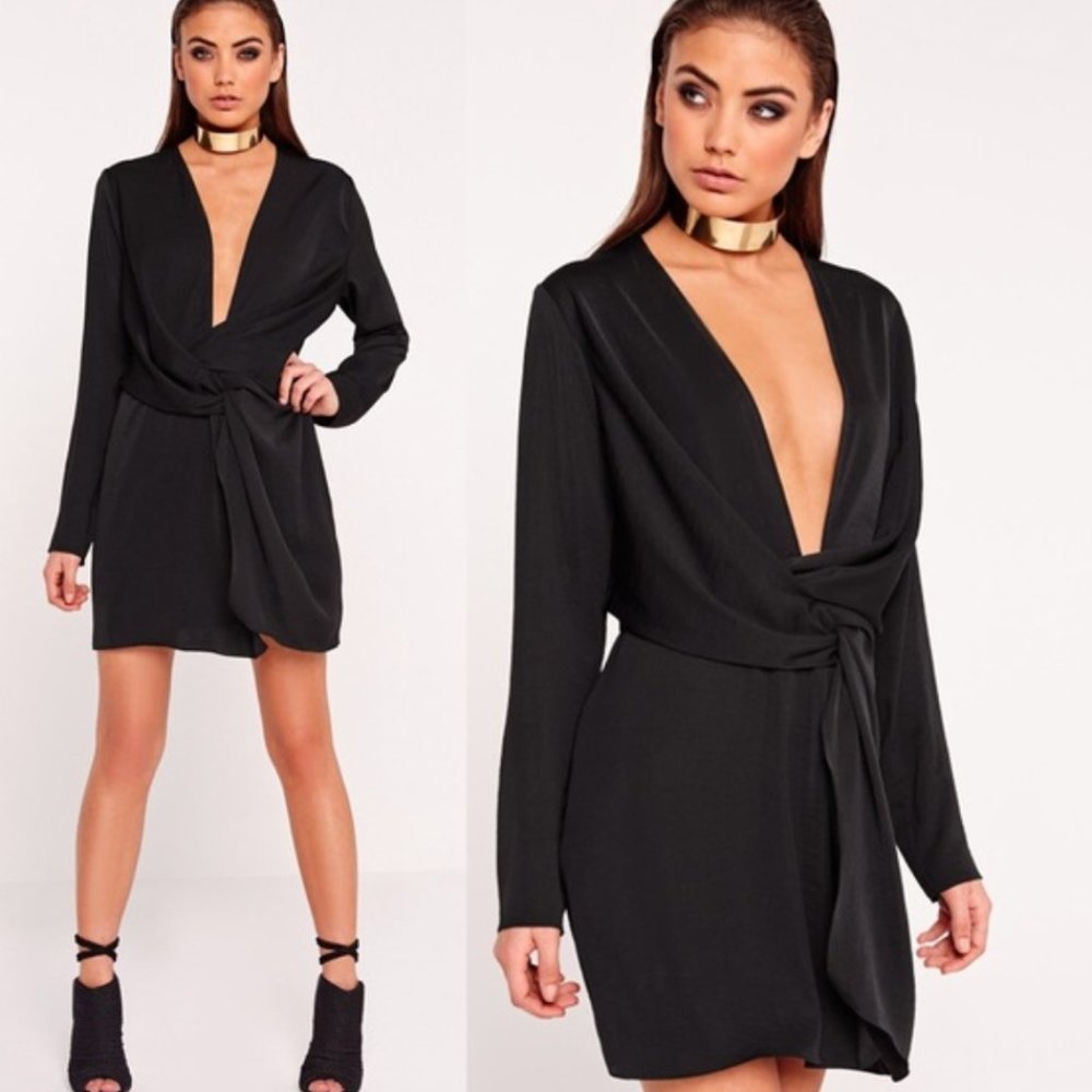 NWT - Missguided Black Silky Plunge Wrap Shift Dress